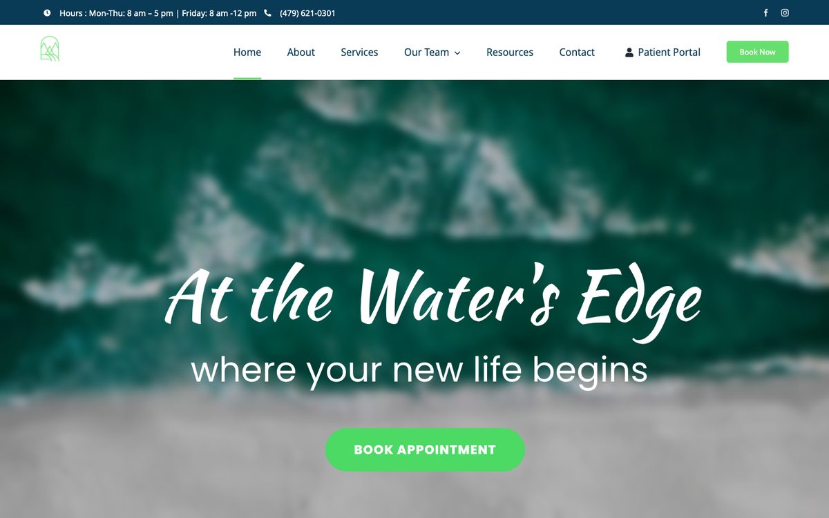 Homepage of a counseling practice website with a calming water photo and a book appointment button