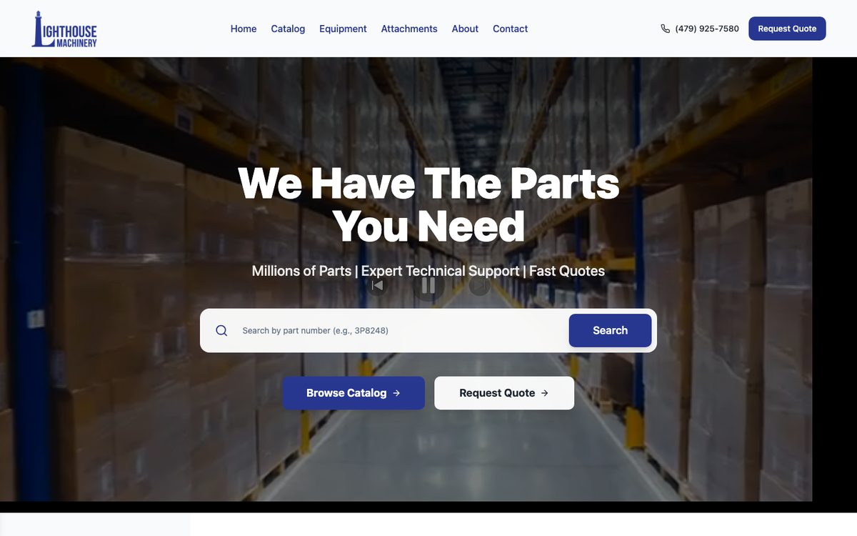 Homepage of a heavy equipment parts e-commerce store with a part number search bar over a warehouse photo