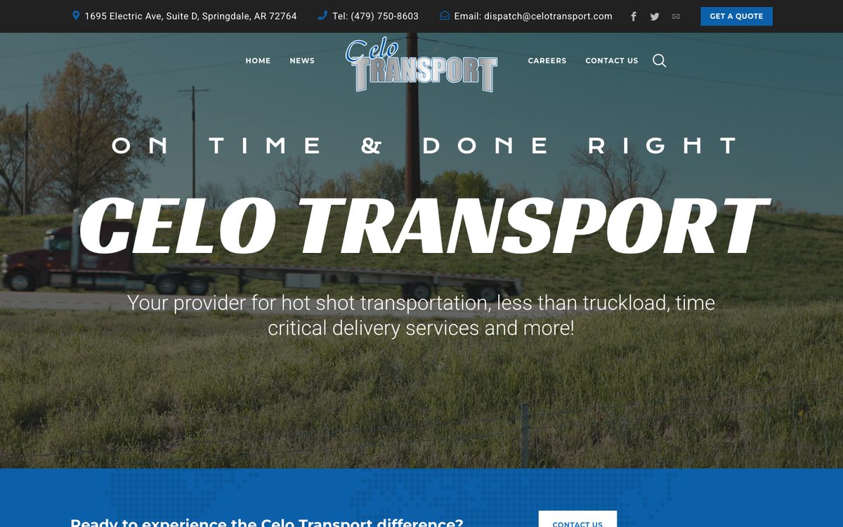 Homepage of a freight carrier website with an aerial photo of a hot shot truck on the highway