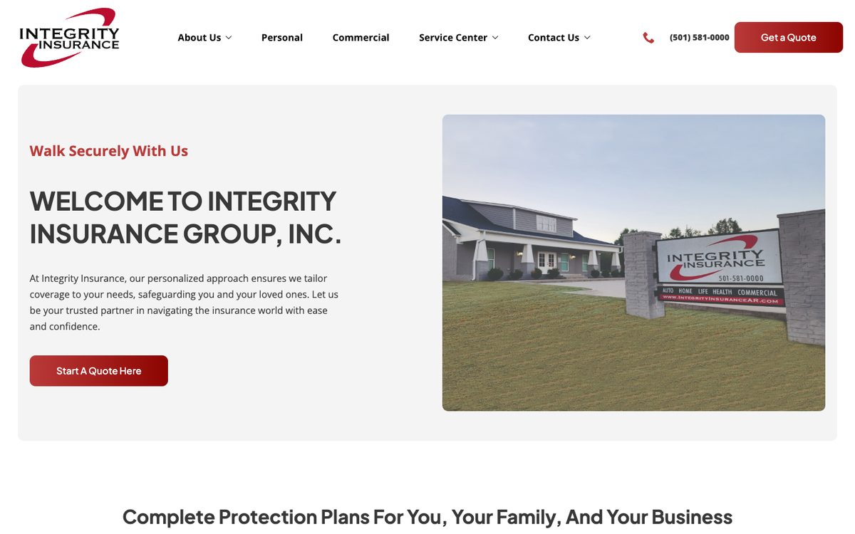 Homepage of an independent insurance agency website with a photo of the agency office