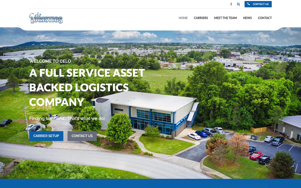 Homepage of a logistics company website with an aerial photo of the company headquarters