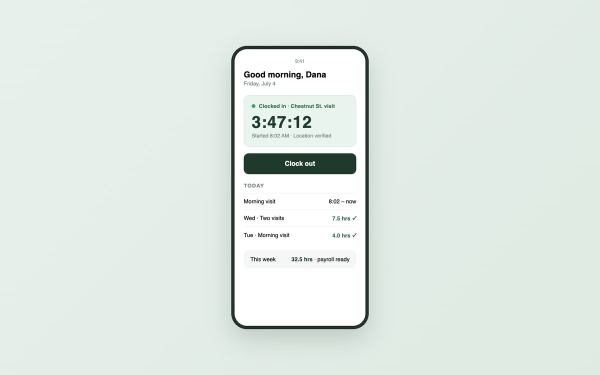 Mobile time clock app showing an in-progress shift timer, clock out button, and weekly hours